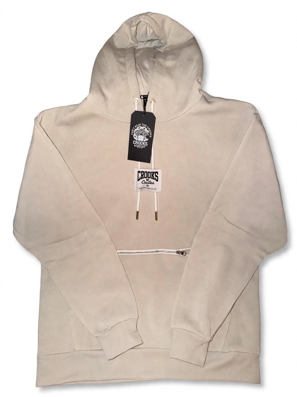Crooks & Castles Cream Pullover Hoodie with Front Zip Pocket (Chalk)